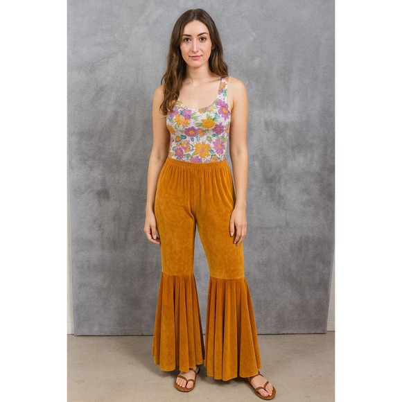 MOTHER HUSTLER Velvet Flared Leggings Velour Bell Bottom Pants Retro 70s 90s S - Picture 1 of 7